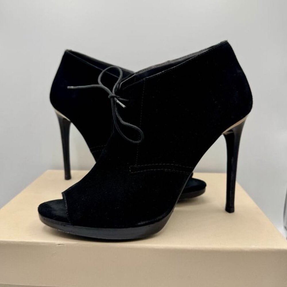 BURBERRY Black Suede Leather Boots Peep Toe Platform Ankle Boots Heels